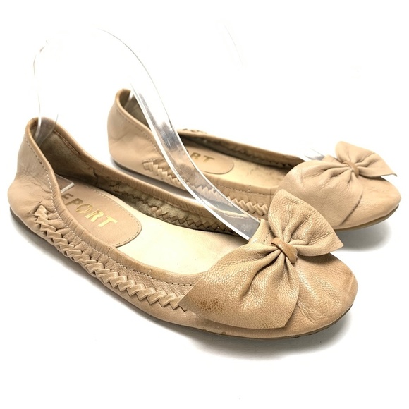 REPORT Genuine Leather Ballet Flats Beige Tan Bow Round Toe Loafers Neutral 8.5 - Picture 1 of 16